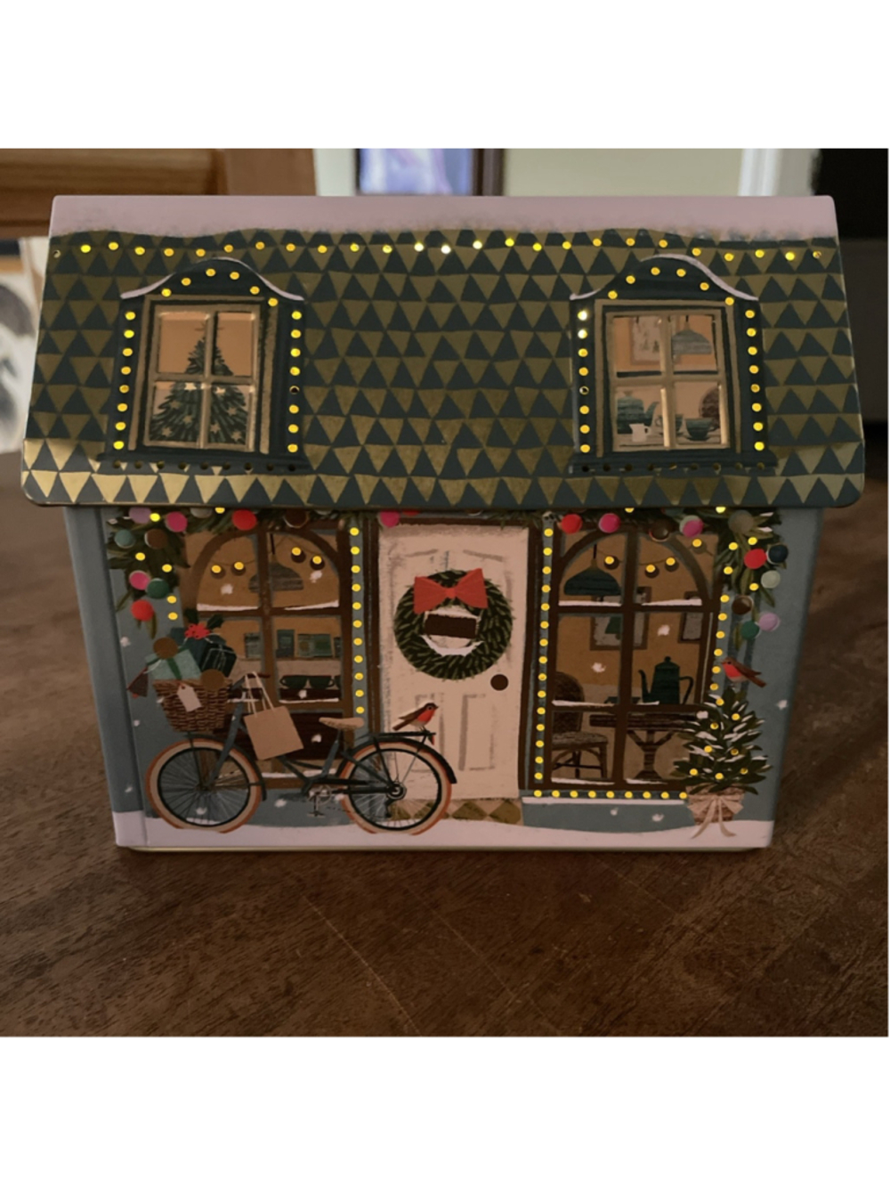 M&S Light Up Metal Tea Shop House Collectible Metal Christmas Holiday Tin Empty